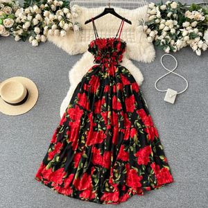 Robe glissante plissée à imprimé floral chic élégant robes de fée de mode coréenne haute taille Vestidos Summer Women Beach Sund foump 240410