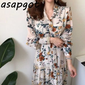 Chique bloemen gedrukt kant stiksels slanke imperium taille temperament lange mouw chiffon jurk vrouwen lente koreaans vintage vestidos 210610