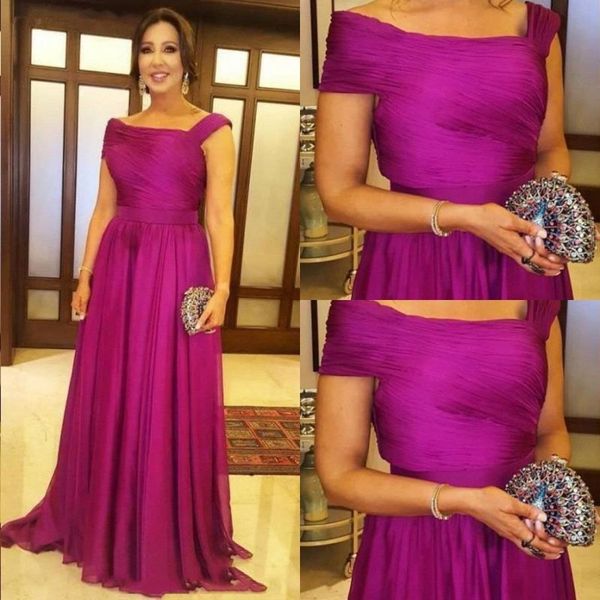 Elegante fucsia una línea de novia madre vestidos de fiesta de boda plisados gasa larga vestidos de madre de la novia 2019 vestido mae da noiva261n