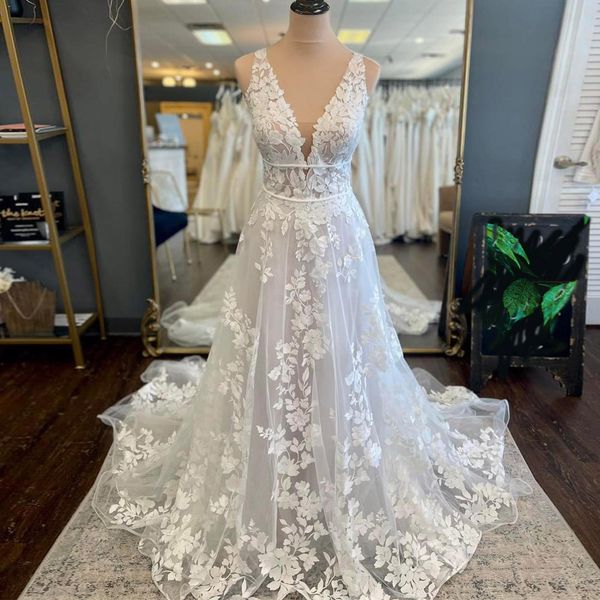 Vestidos de novia elegantes de encaje completo, línea A, cuello en V, espalda descubierta, vestido de novia bohemio, cinta, cinturón, tren de barrido, vestidos de novia