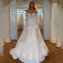 Chic pleine dentelle une ligne robes de mariée manches détachables exposée désossage robe de mariée pour femmes Tiere Tulle Boho robe de mariée