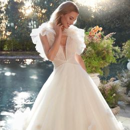 Chic fait main fleur dos robes de mariée une ligne Gadren robe perle col en V mariée photographie robes 326 326