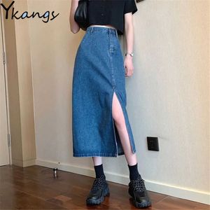 Chique Harajuku jeans rok dames zomer split sexy denim rok femme hoge taille lange rokken vintage zijkant zipper herfst saia 210619