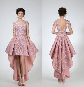 Chique hoge lage kant prom jurken ronde hals met lange mouwen avondjurken vestidos de fiesta 3D geappliceerd homecoming jurk