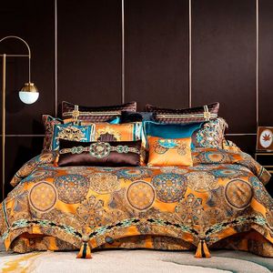 Chic Home 4610pcs Plaats Faux Silk Luxe Large Jacquard met borduurwerk gouden beddengoed set dekbedovertrekbedden bedekt laken 240415