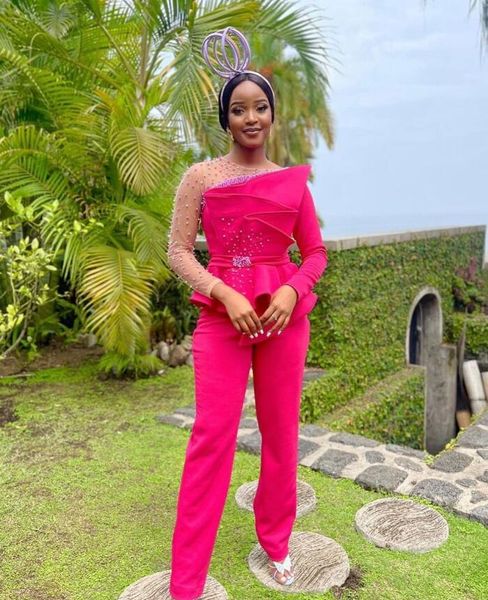 Chic Hot Pink Jumpsuit vestido de fiesta 2023 con perlas de manga larga negro niñas pantalones africanos trajes Vintage graduación noche desgaste Aso Ebi Formal fiesta ocasión desgaste