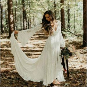 Chic Ivory Lace Boho Civil Forest Country Wedding, Deep V Neck Poet Gollows Summer Beach Marid Robe For Bride