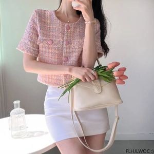 Chic Korea Short Crop Crops Design Femmes Japan Girls Office Femme Button Pink Button Veste à manches courtes 240517