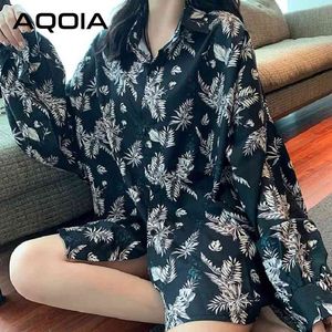 Chic estilo coreano hojas impresión mujer camisa larga suelta de gran tamaño botón arriba señoras blusa primavera talla grande ropa femenina 210521