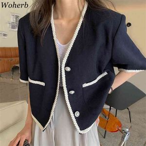 Chique Koreaanse zomerkleding v-hals korte mouw jas vrouwen knop tops mode retro jassen dames losse jassen 210519