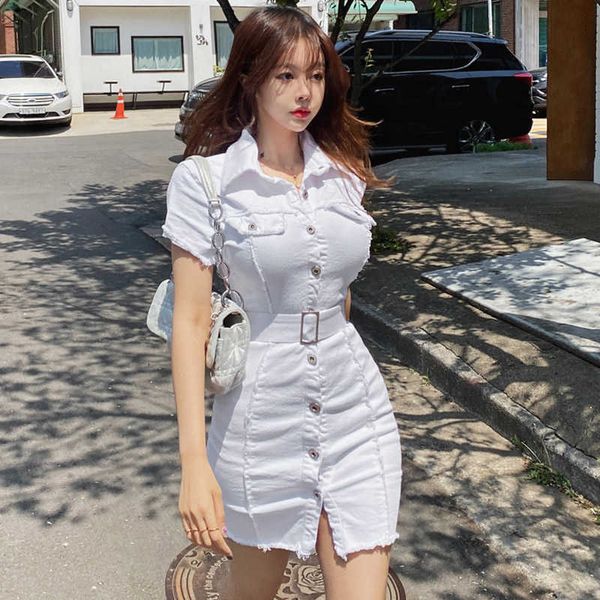 Chic coréen été mode revers simple boutonnage ceinture robe Mini sac mince hanche Vintage Vestido Feminino Bandage 210529