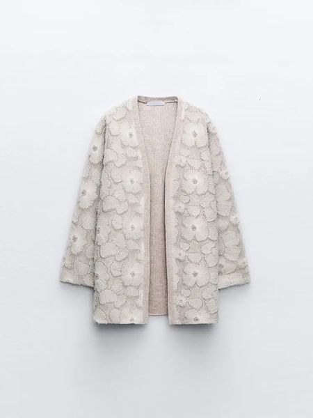 Chic dentelle florale point ouvert manteau mode solide col en V à manches longues Cardigan 2023 automne hiver femmes chaud polyvalent vêtements d'extérieur 231225