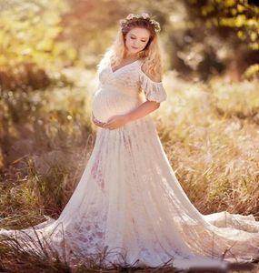 Chique kanten zwangerschapsjurken voor Po Shoot met korte mouwen, split aan de voorkant, zwangere jurk, op maat gemaakte maxi-jurk1680859