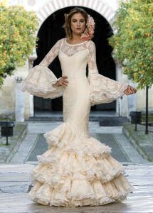 Chic Lace Sirène Robes de bal Flamenca Vestido Flare Manches longues Ruffles Tiers Longueur du sol robes de soirée Robe de réception de mariée 2024