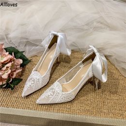 Chique kanten lint trouwschoenen voor bruiden Boheemian Zie door mesh hak hiel dames schoenen puntige teen elegante dames pompen schoenen formele evenementen prom cl1753