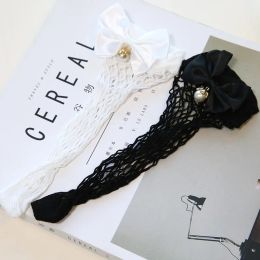 Chic Ladies Fishnet Calcets Heel con Bow Pearls Funny Harajuku Bow Bow Knot Sokken Sexy Hollow Out Mesh Net