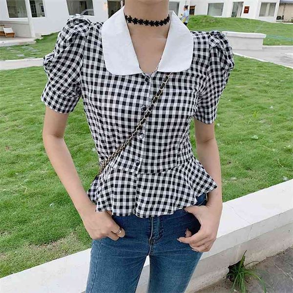 Elegante camisa a cuadros en blanco y negro de talla grande para mujer, cuello de muñeca, cárdigan corto de un solo pecho, blusa con volantes, S-5XL 210601