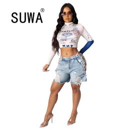 Chic Lettre Tie Dye Femmes Casual Summer T-shirt Mode Patchwork O Cou À Manches Longues Crop Top Femme Blouse 210525