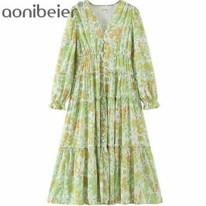 Chique sla trim ruches tiered midi jurk zomer floral print knop voorzijde losse casual chiffion shirt vrouwelijke 210604