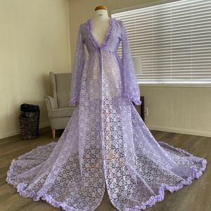 Chic violet clair Illusion femmes robes de nuit à volants en dentelle dames vêtements de nuit peignoir grande taille robe de douche de fête de bal