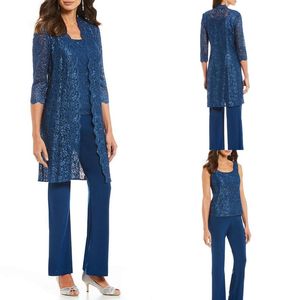 Chic Moeder Van De Bruid Broek Past 3 Stuks Lange Mouw Chiffon Moeder Van De Bruid Jurk Met Jas Bruiloft gast Gowns221O