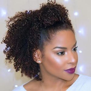 Chic Natural Kinky Curly Cordón Cola de caballo Mongol puff bun moño Rizo cordón Cola de caballo Extensiones de cabello Remy Cabello humano cola de caballo postizo 120 g