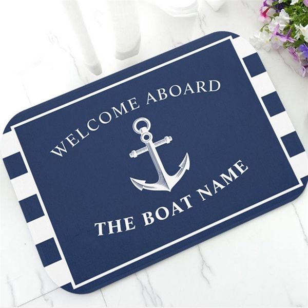 Chic náutico ancla barco azul marino rayas personalizado felpudo moderno personalizado su nombre puerta de goma alfombra alfombra decoración 220301