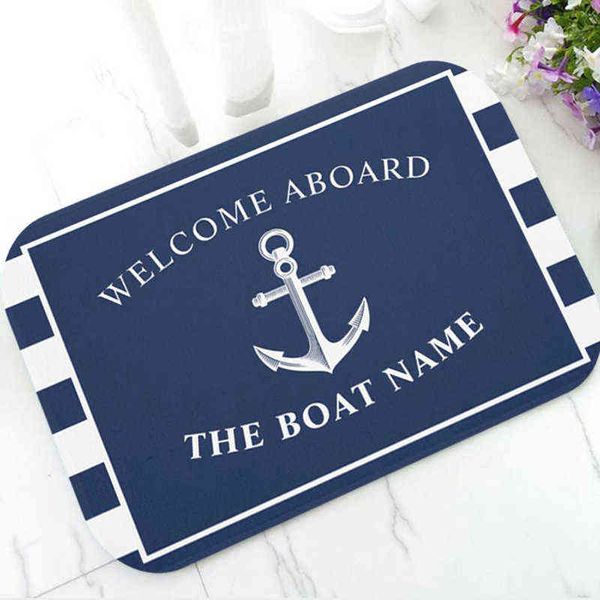 Chic nautique ancre bateau marine bleu rayures personnalisé paillasson moderne personnalisé votre nom de bateau en caoutchouc tapis de porte tapis tapis décor 211109