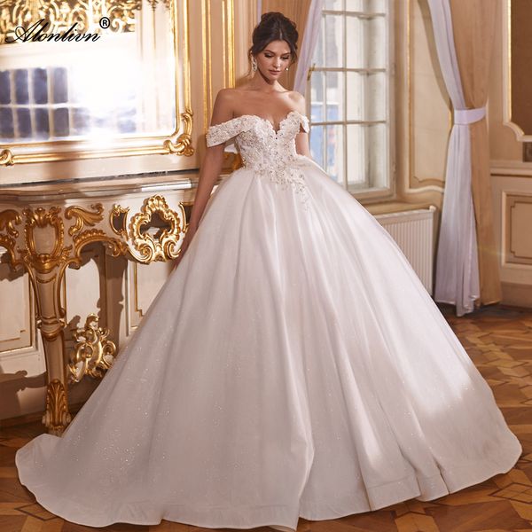 Chic hors épaule manches chérie a-ligne robe de mariée Bling Tulle perles perles cristaux Appliques princesse robes de mariée brodées avec train de cour