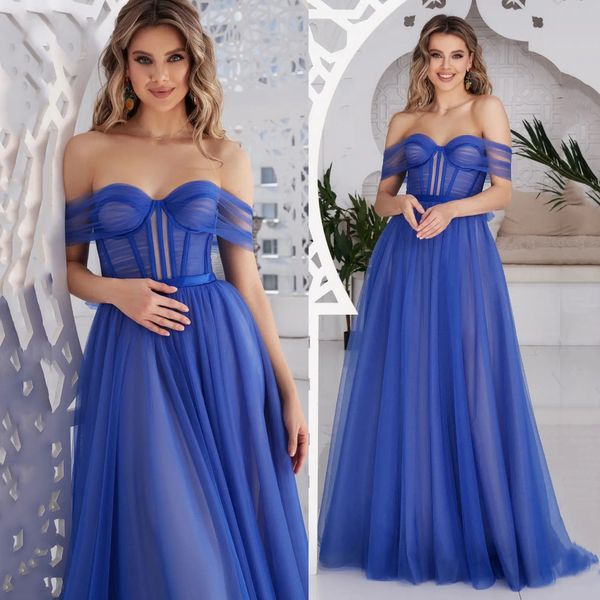 Chic hors de l'épaule robes de soirée froncé une ligne robe de bal désossage exposé bohème femmes robe Maxi