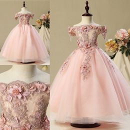 Chic Off-the-shoulder roze prinses bloemenmeisjesjurken voor bruiloften 3D bloemen geappliceerd kant kinderen formele kleding kralen lange optochtjurk