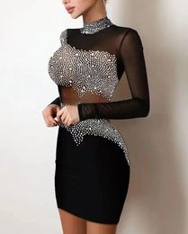 Chic Bureau Dame À Manches Longues Femmes Robes De Luxe Strass Soirée Moulante Robe Sexy Gala Maille Splic S-2XL 240104