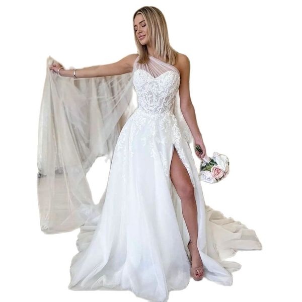 Elegante vestido de novia con abertura lateral de un hombro, apliques de encaje, vestido de novia de línea A, apliques sin mangas, vestido de novia de campo de encaje