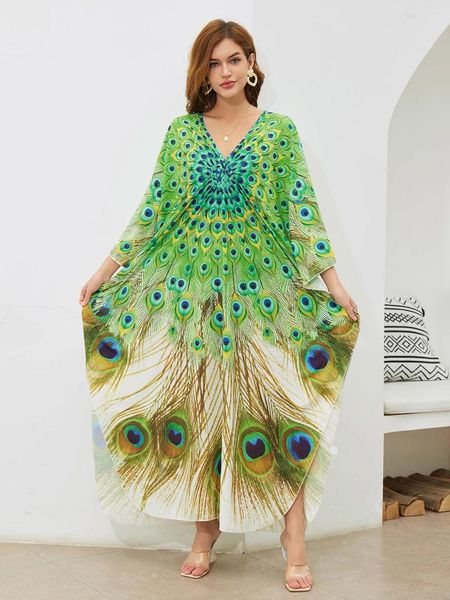 Chic Peacock Feather Print plus taille en V Kaftan Kaftan Summer Womenwear Swimsuit Cover Up House House Robe Q1636