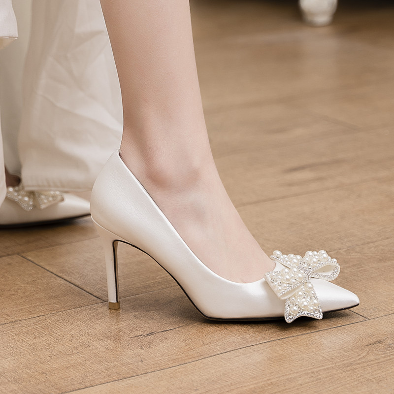 Şık İnciler Kristaller Yay Düğün Ayakkabıları Sivri Ayak Toe Kadın Yüksek Topuk Ayakkabı Cl0306