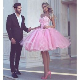 Robe de bal rose chic robes de soirée princesse 2019 broderie perlée cristal dentelle tulle sans bretelles robe de bal courte soirée cocktail