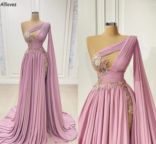 Chic rose mousseline de soie plissée robes de bal une épaule exquise dentelle appliques perlées occasions spéciales robes de soirée une ligne fendue longue enveloppement robe de soirée formelle CL2748