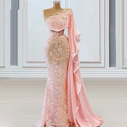 Elegante rosa sirena vestidos de noche un hombro apliques de encaje vestidos de fiesta mujeres vestido de fiesta frente dividido hasta el suelo elegante Robe De Soriee