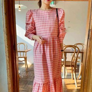 Chique roze plaid jurk vrouw hoge taille bladerdeek doek vintage losse bodycon partij maxi jurken vrouwelijke lente kleding 210603