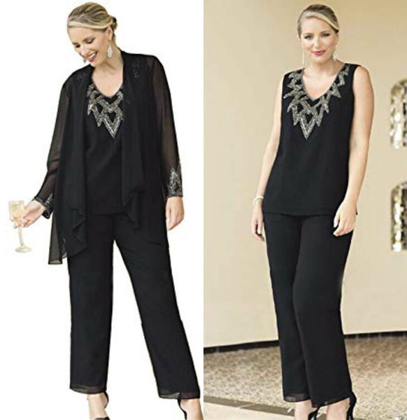 Chic grande taille en mousseline de soie mère de la mariée robes a-ligne col en v taille empire mère de marié robe pantalon costumes robes de soirée