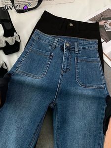 Chic poche Streetwear Flare jean 2023 Simple taille haute mince Denim pantalon printemps automne ample droit pantalon femme