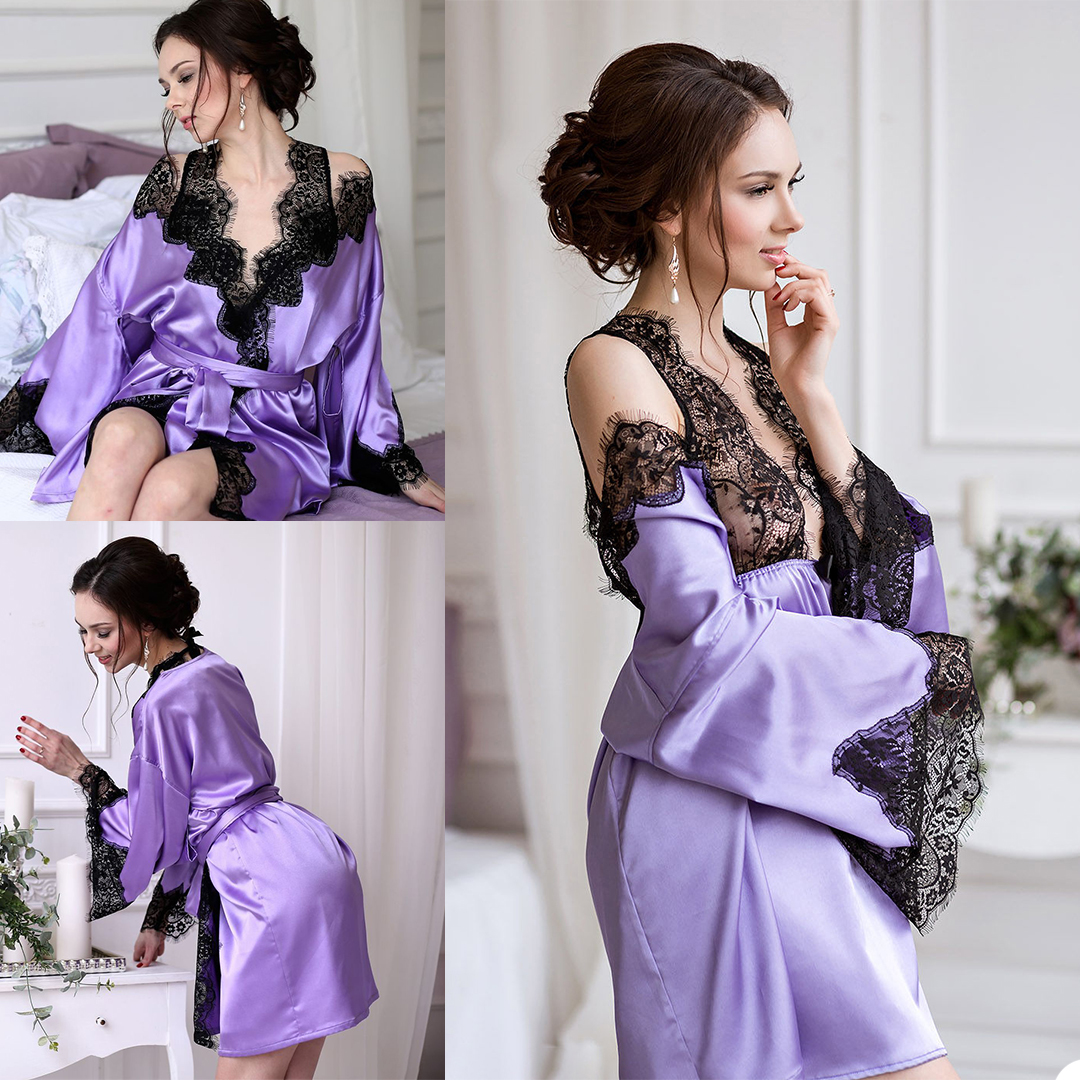 Schicke lila Satin-Seiden-Nachtroben für Damen, Spitzenapplikationen, langärmliges Kleid mit Gürtel, Robe für formelle Anlässe, Overlay-Nachtwäsche, 2-teilig