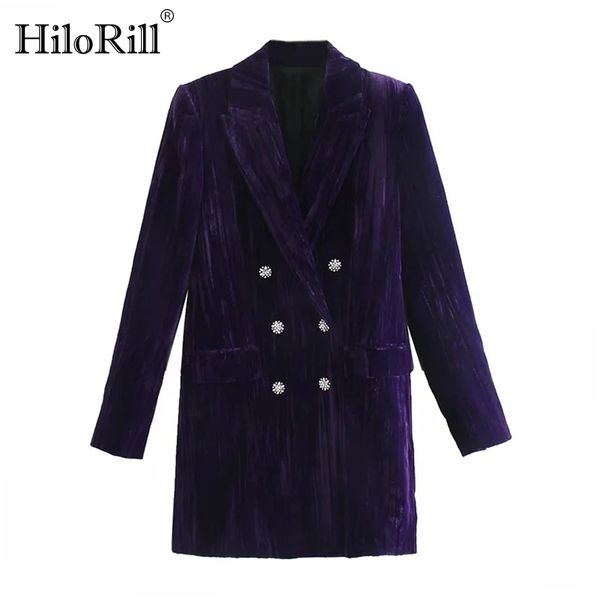 Chic Purple Velvet Costume Robe Femmes Perles Boutons Vintage Mini Femelle Col Encoché À Manches Longues Bureau es 210508