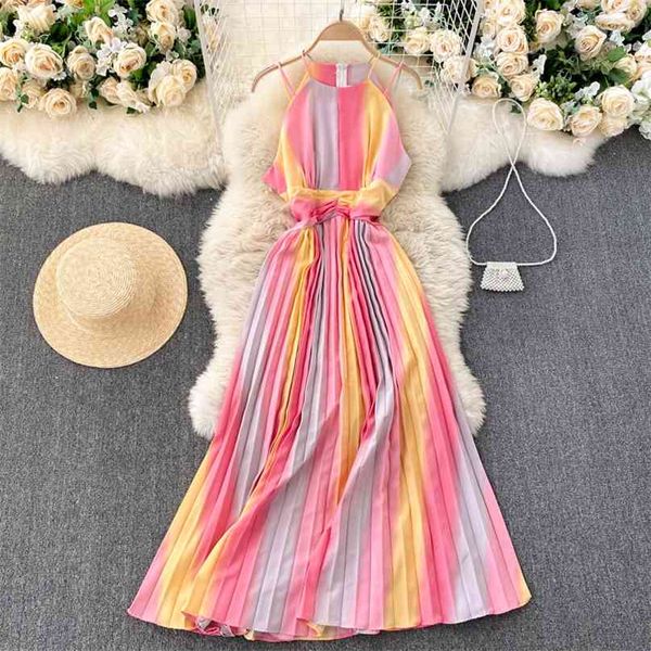 Chic Rainbow Color Summer Women Maxi Dress Spaghetti Strap Sin mangas Cintura alta A-line Holidays Party 210603