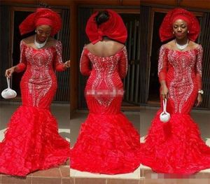 Chique Red Aso Ebi Style Mermaid Evening Jurken 2019 Arabic Off the Shoulder Luxury Crystal Ruffles Train Formele plus size moeder D2996198