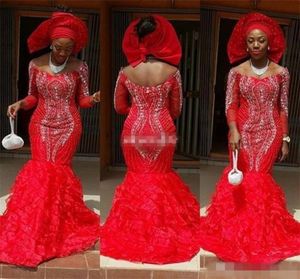 Chic Red Aso Ebi Style Sirène Robes de soirée 2019 Arabe Off the Apouner Luxury Crystal Ruffles Train Formal Plus Taille Mother D3150072
