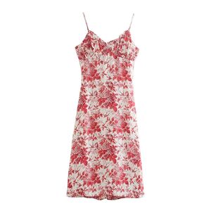 Chic Red Floral Print Adjust Spaghetti Strap Jurk Sexy Slanke Ruches Vestidos Vintage Tube Top Dames Midi Jurken 210520