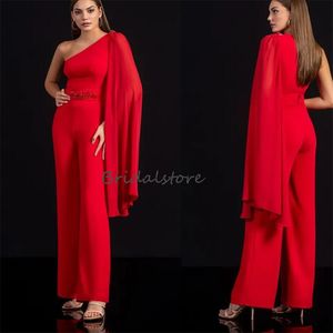 Chic rouge combinaison robe de bal avec perlé 2023 une épaule Boho pantalon costume de soirée formelle élégant Satin coréen robes de soirée nouvelle robe de soirée robe de noche dames