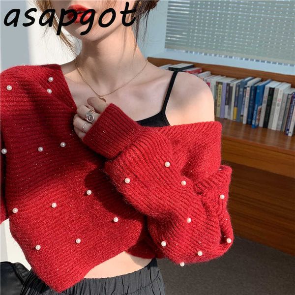 Chic Retro Retro Sexy Red Off the Throwing Sweater Women Short Pearl Cross Autumn Outumned Puff Slewer Long Fashion Jumpers 210610