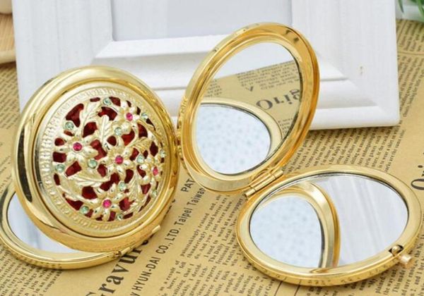 Espejo de bolsillo de Metal dorado Vintage Retro elegante, espejos Retro cosméticos compactos con tachuelas de cristal, herramientas de belleza de maquillaje portátiles 7011196